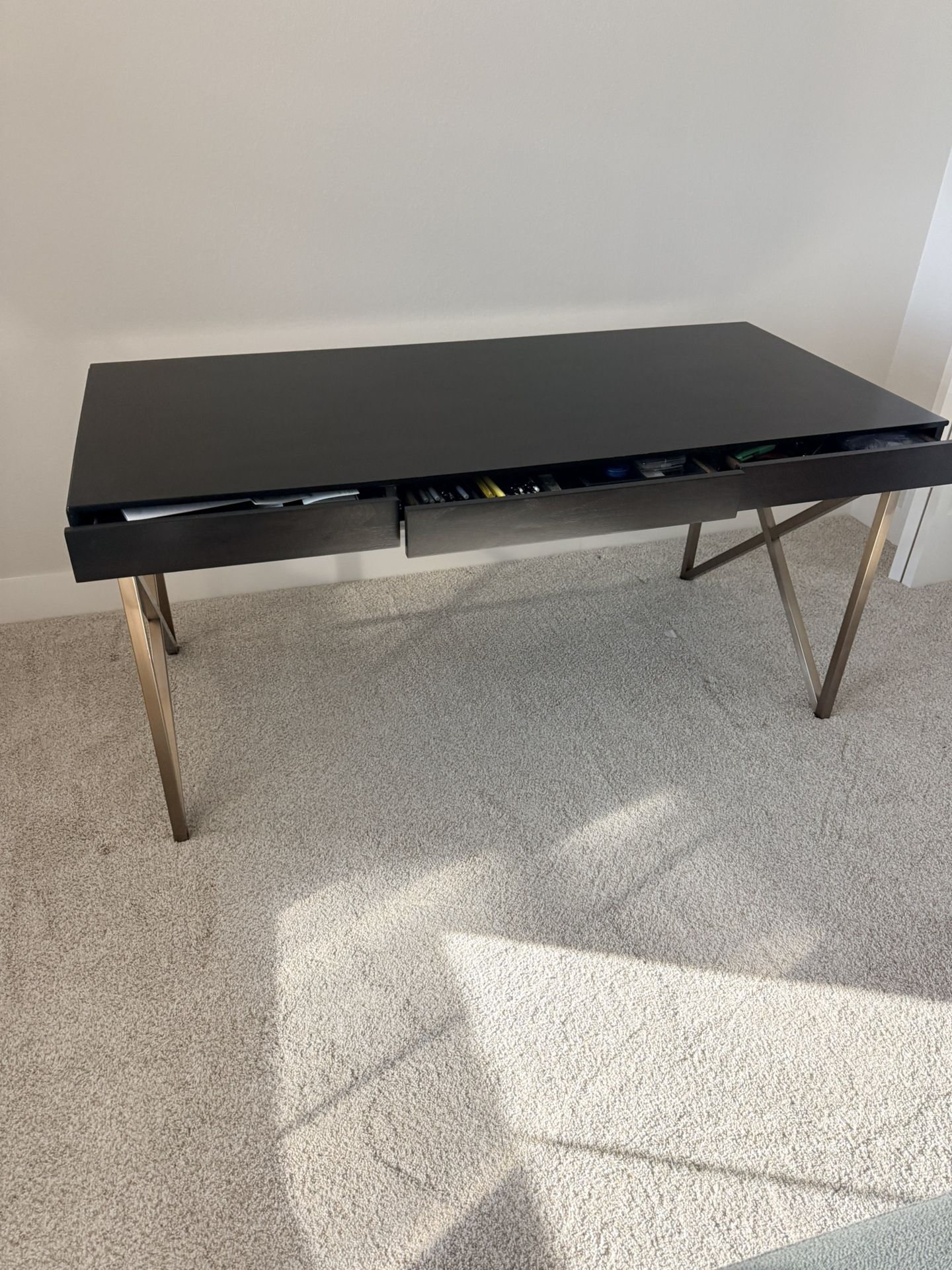 Modern Dark Walnut Writing Desk with Gold Geometric Legs