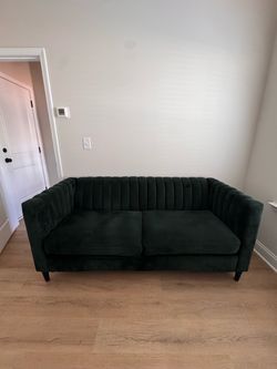 Emerald Green Velvet Channel Tufted Sofa | 3-Seat Couch