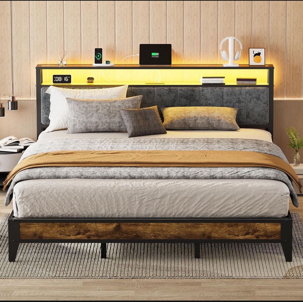 Gray Metal Frame Full Platform Bed with Charging Station and Linen Upholstered Headboard, No Box Spring Needed