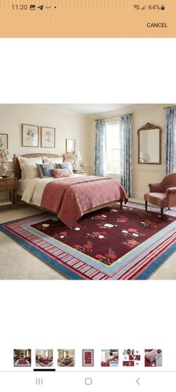 8x10ft Floral Area Rug Burgundy Blue Border. Washable