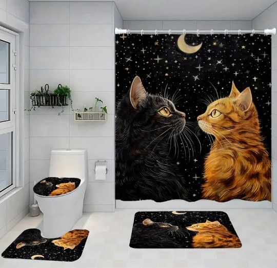 4-pcs. Moon/Black & Orange Cats Shower Curtain Set