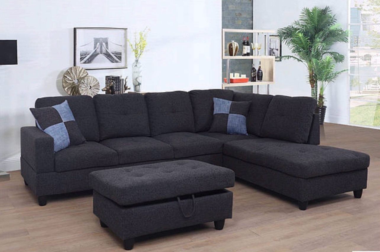 New Black Grey linen Sectional Sofa W/ Free Ottoman And Pillows New In Original Boxes