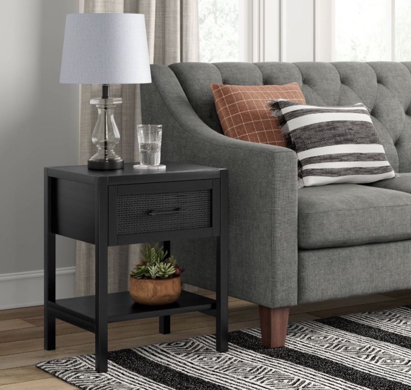 Warwick End Table with Drawer Black - Threshold: Rattan Mesh, Storage Shelf, Living Room Furniture