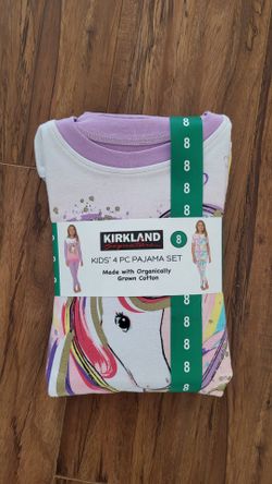 NEW Girls Organic Cotton Kirkland Signature Pyjamas, 4piece set, Unicorn size 8 New.