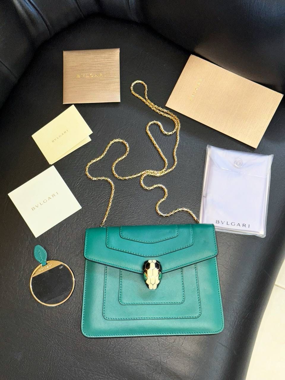 Bvlgari Serpenti Forever Square Cross-body Shoulder Bag calf Leather Emerald green Receipt & Mirror