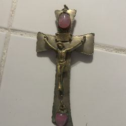 Cross Pink Opal And Brass Vintage 1960s