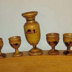 Set of decorative vintage wooden souvenir tableware from the Holy Land Jerusalem, Israel
