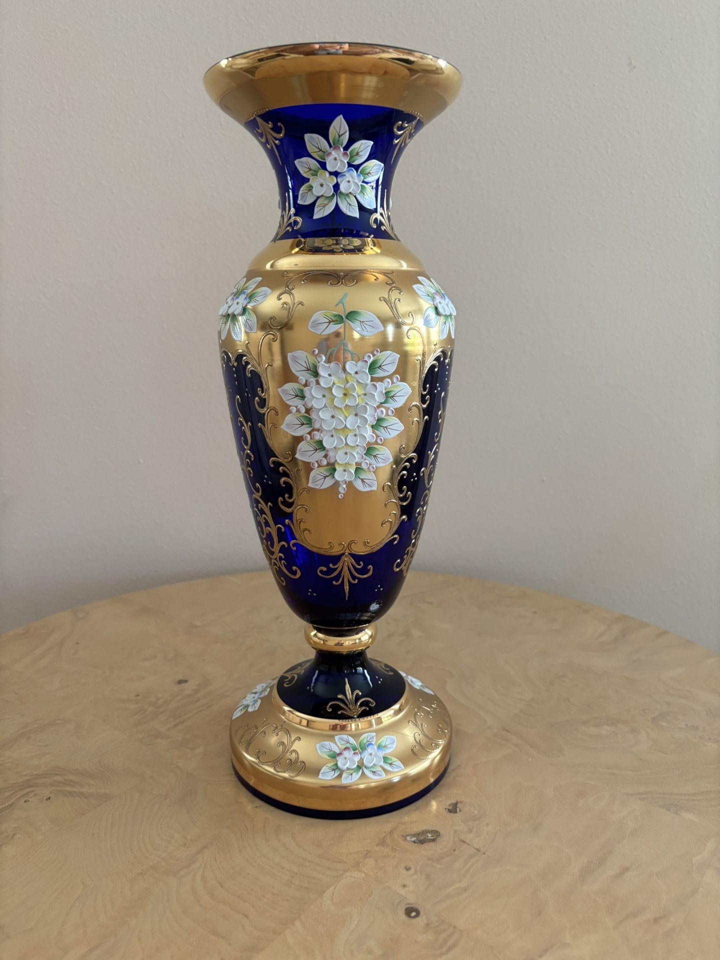  Cobalt Blue Vintage Czech/Bohemian Floral Enamel Gold Vase