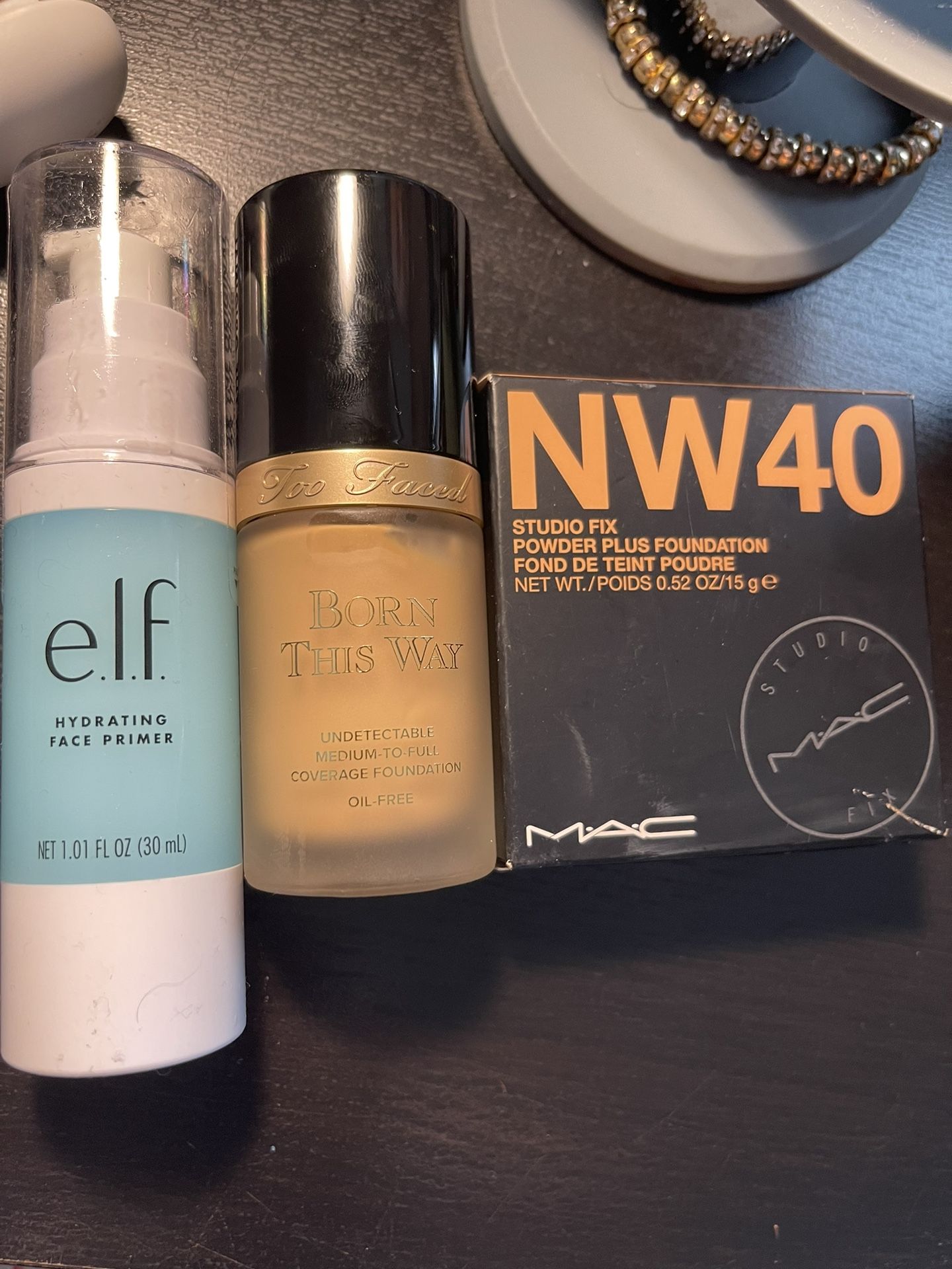 Never Used - Makeup. Born This Way Foundation. MAC Powder Foundation . Elf Face Primer. Clinique Moisturizer And Coverup. Urban Decay Cover Liquid.
