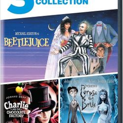 Tim Burton DVD 3-Film Collection  Beetlejuice Corpse Bride Charlie & Chocolate Factory. Very Good Condition. This image displays a DVD 3-Film Collecti