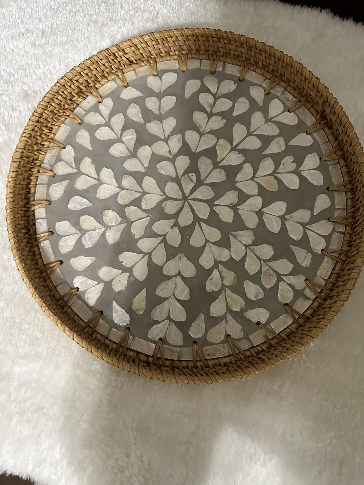 Rattan Tray With Mother Of Pearl Inlay Wooden base