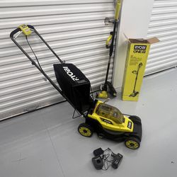 RYOBI ONE+ 18V 13 in. Cordless Battery Walk Behind Push Lawn Mower and 13 inch sting trimmer combo