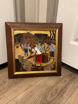 Vintage Thai carved painting wood panel with gold accents  by T. Leena 15” by 15”