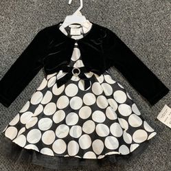 Brand new Rare Editions toddler girl 2T black and white polka dot dress with shrug 