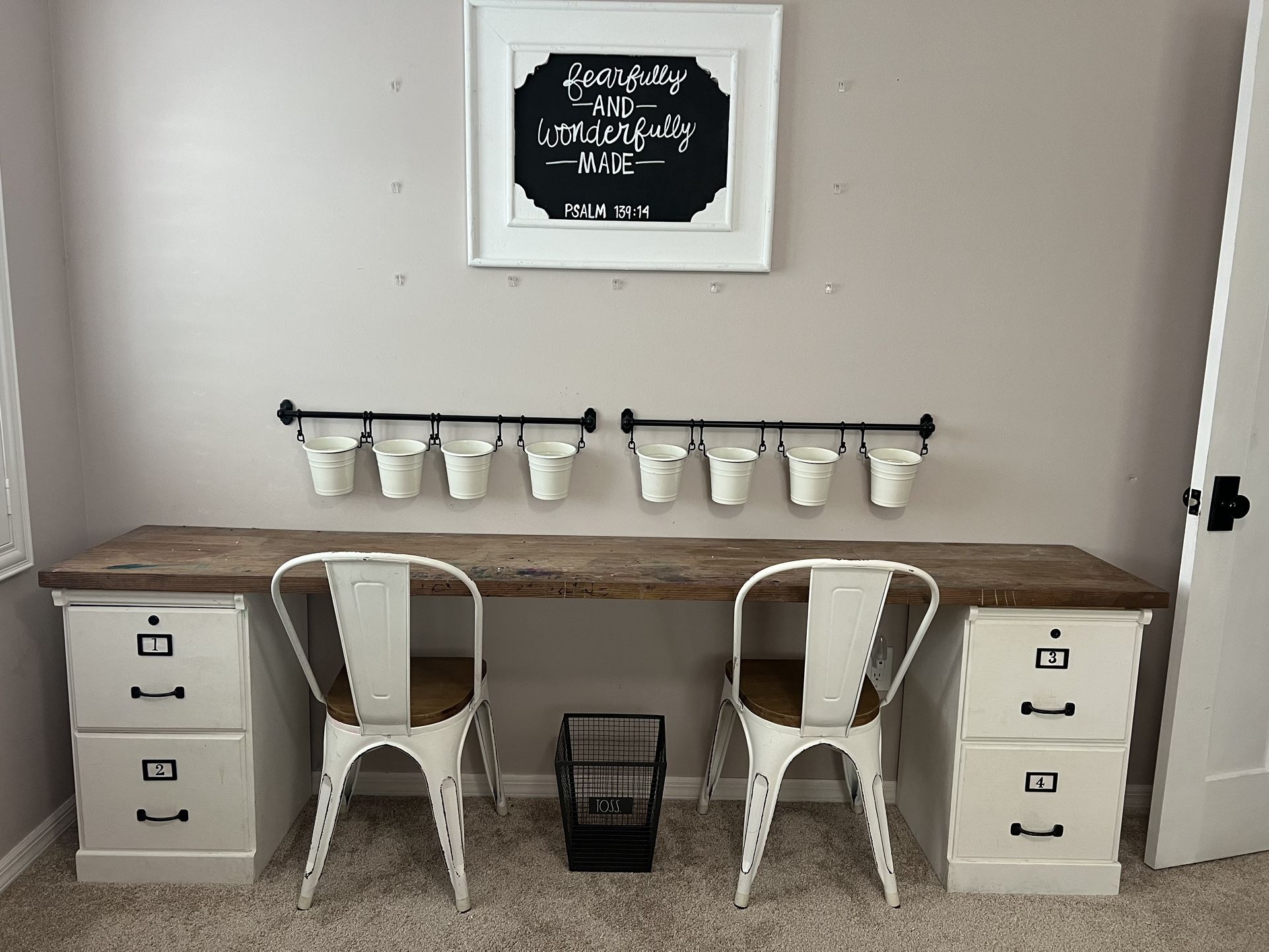 Kids Desk/art table, utensil Buckets & hardware and Chairs