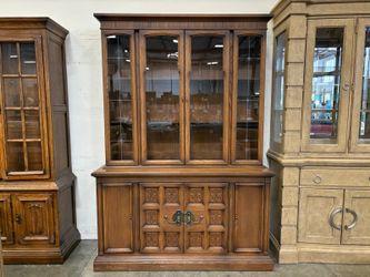 Dark Finished 2 Piece China Hutch with Ornate Carving and Hardware