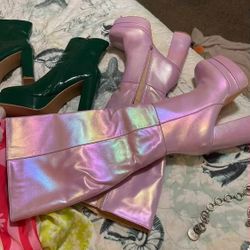 Pink Iridescent Block Heel Boots