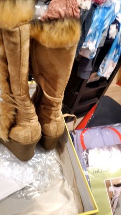 Tall Wedge Boots with Fur Trim
