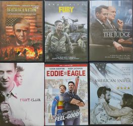 6 DVDs priced at $3 each, featuring popular movies including "Fight Club", "The Judge", "Eddie the Eagle", and "American Sniper".