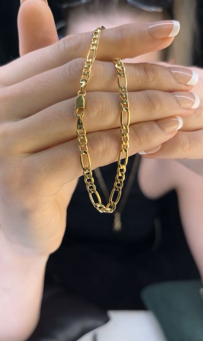 14k 8in 4mm Real Italian Gold Hollow Figaro Bracelet with Lobster Clasp