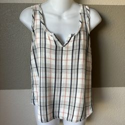Anthropologie Eloise Women’s Medium Flannel Tank Top Notch Neck Tank Plaid Pink