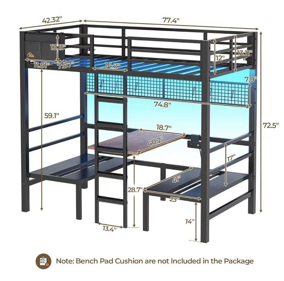 🥨Twin Size Over twin Bunk Bed with Led Lights and Charging Station Convertible Metal Twin Loft Bed with Desk and Seat bunk bed with Desk & Stair 