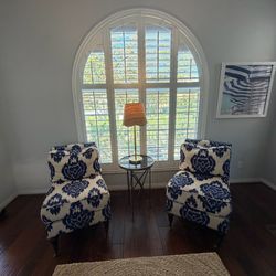 2 IKAT armless chairs w/ 20 x 20 matching pillow blue & white
