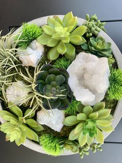 Artificial Succulents with Quartz in Concrete Bowl