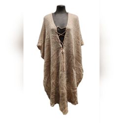 Tan Knit Poncho with Lace-Up Front One Size