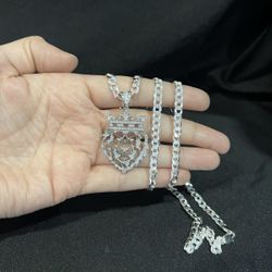 925 Sterling Silver Men Women King Lion Head Leo CZ Pendant Curb Chain