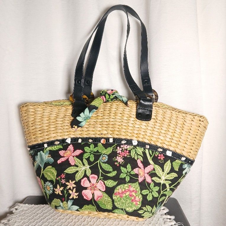 Vera Bradley "Botanica" Large Straw Tote Beach Bag with Sea Shell Trim Summer