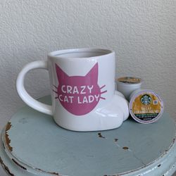 BIGMOUTH Mug Ceramic - Crazy Cat Lady - Paw Base White & Pastel Pink Graphic GUC