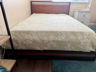 Queen Bed Frame Black Metal and Wood with mattress