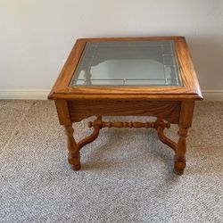 Oak And Glass End Table H21” W27” D27”
