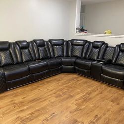 New Black Leather Power Reclining Couch Set