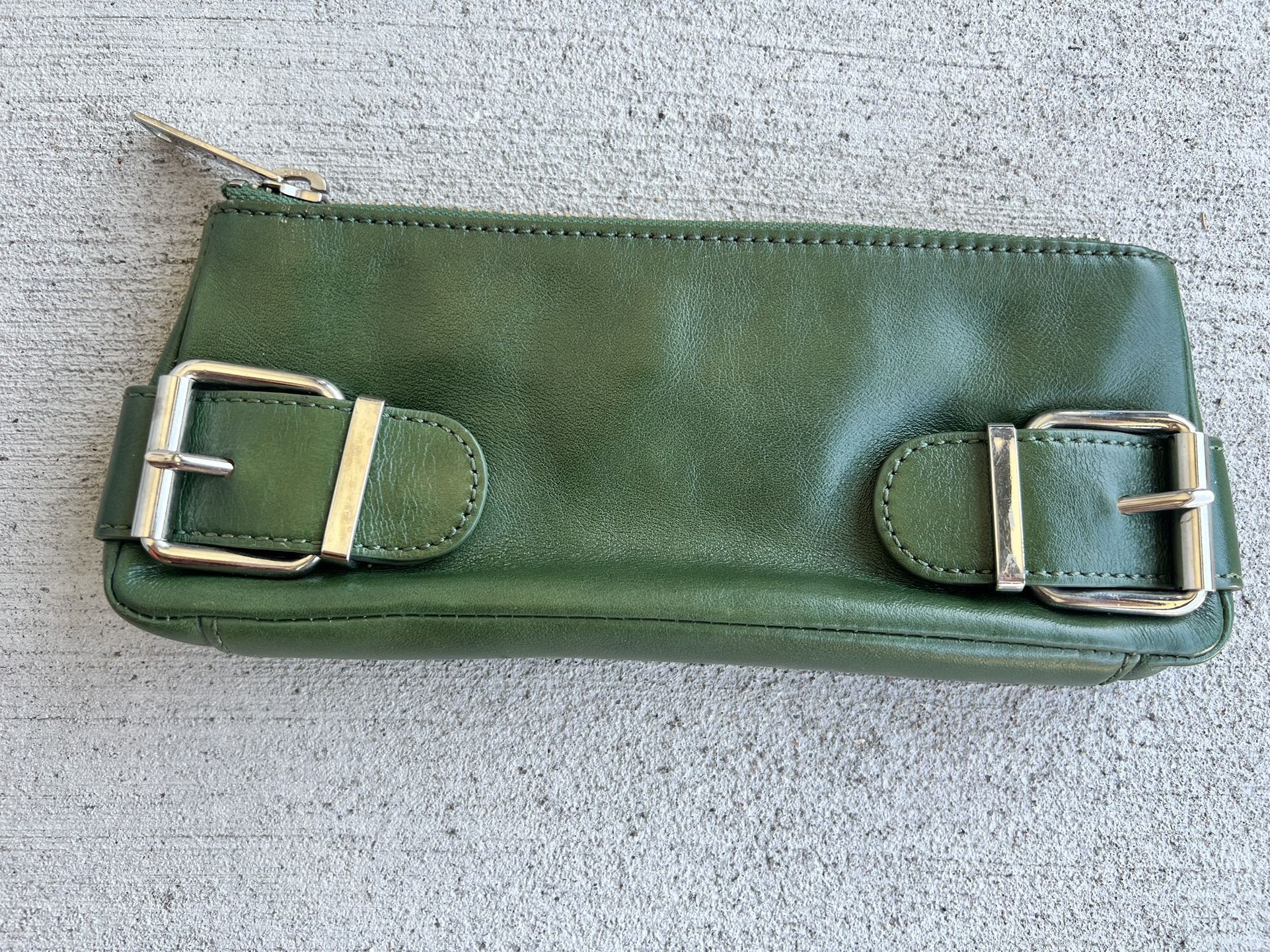 Banana Republic Green Leather Clutch Purse – Double Buckle Accent – Silver Hardware
