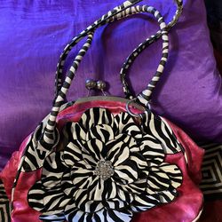 Pink And Zebra Purse Bag With Flower