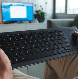 Logitech K830 Illuminated Livingroom Keyboard with Built-in Touchpad Windows Android. Original Box & Cables. Easy-access Media Keys and Shortcut Keys 