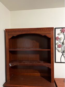 Matching Wood Dresser with Bookshelf Hutch Top – Good Condition