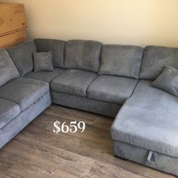 Beautiful‼️ 4-Pc Gray Corduroy Convertible Sectional Sofa W/Storage & Pullout Bed
