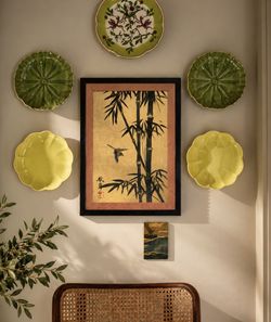 Vintage Asian Gold Leaf Bamboo Painting Bird Silk Border Lacquer Frame Mid Century Wall Hanging Art