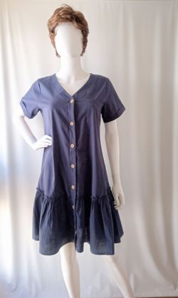 Navy Blue Button-Front Ruffle Hem Dress