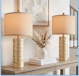 26'' Resin Table Lamps with Stone Look, Modern Table Lamp Set of 2 Brown Resin Body, Rotary switch, 2 Bulbs Included, 3 Color Tempetrue Dimmable, Beds