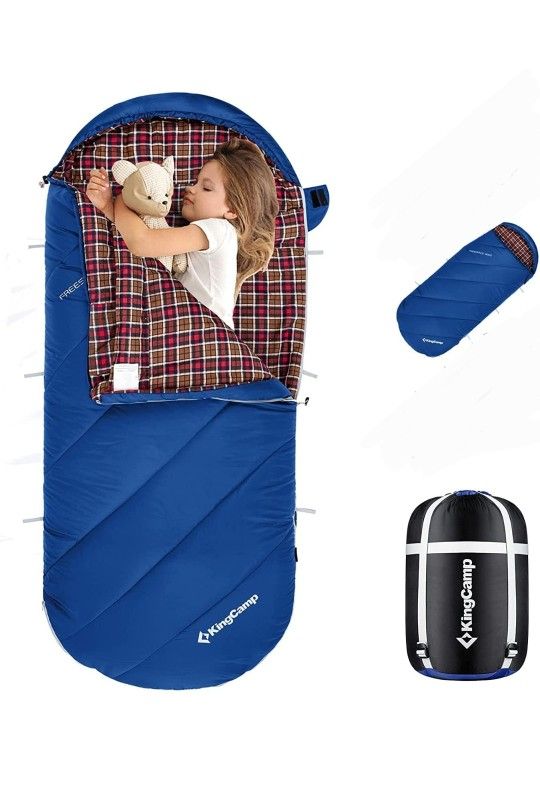 NEW! KingCamp Sleeping Bag for Kids Flannel Lined Warm and Cool Weather 3 Season Sleeping Bag for Teens, Waterproof Lightweight & Compact