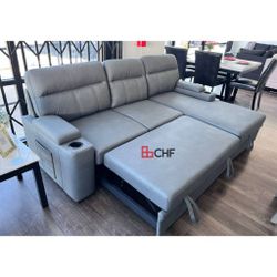 Fabric Sleeper Sectional Sofa Chaise with Storage Arms and Cupholder // Limited Time Offer 