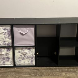 Black Storage Shelf With Fabric Bins 