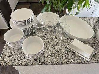 30-Piece White Dinnerware & Serving Set — Plates, Bowls, Wine Glasses