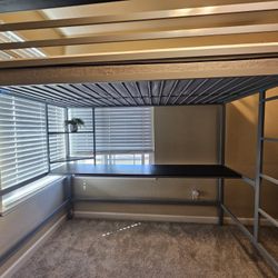 Metal Twin Loft Bed with Desk & Shelves, grey