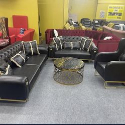 New Black Leather Living Room Sofa Set 3pc - Delivery And Financing Available 