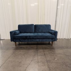 Navy Blue Velvet Mid-Century Modern Sofa with Bolster Pillows, 69 Inch Apartment Size